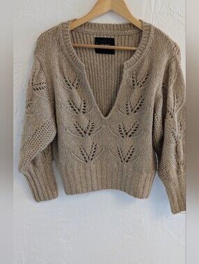 Lucky Brand Taupe Openwork V-Neck Sweater